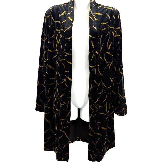 Ronni Nicole Womens Stretch Velvet Longline Open Jacket Leaf Print Black sz 12 - Picture 1 of 16